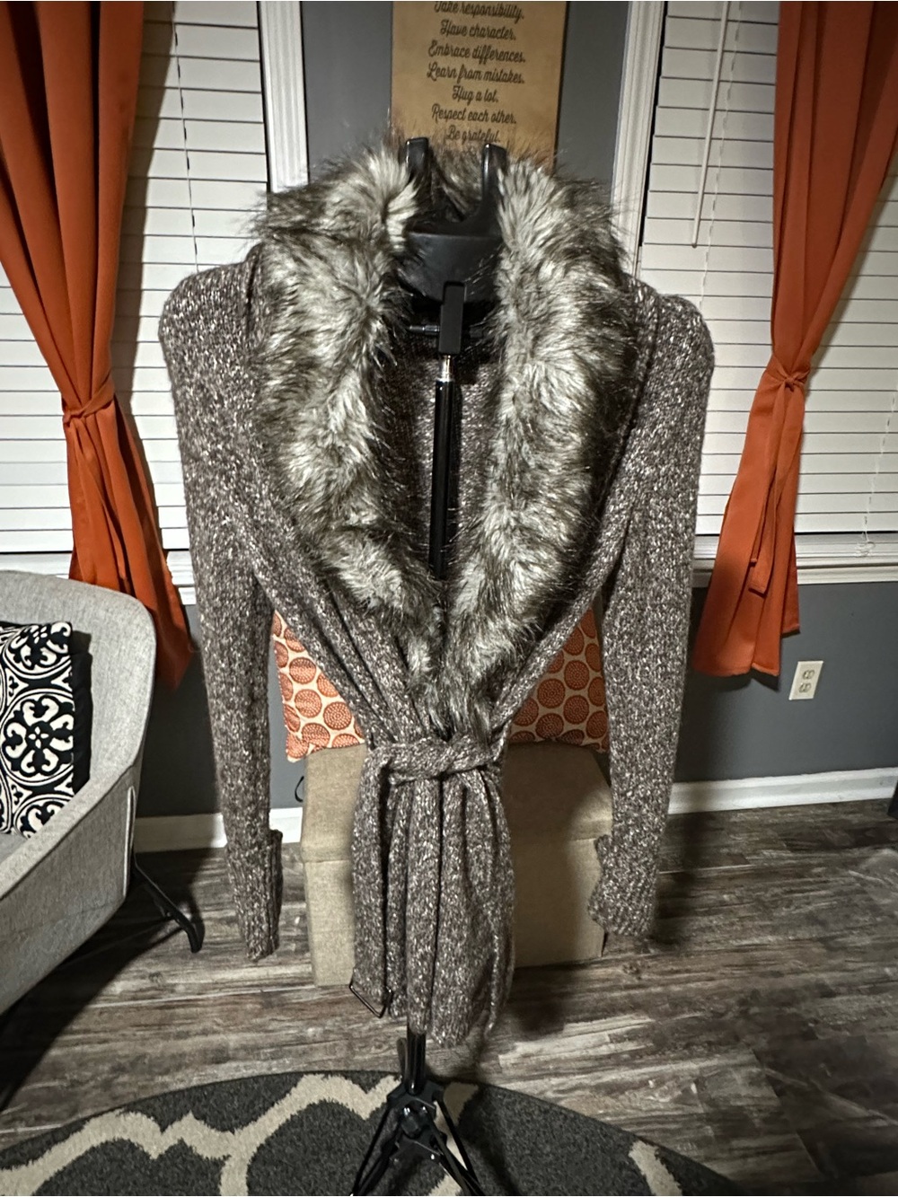 Express Brown Faux-Fur Trim Wrap Cardigan